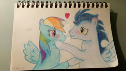 Size: 750x421 | Tagged: safe, artist:evanaw, derpibooru import, rainbow dash, soarin', pegasus, pony, deviantart watermark, female, heart, male, mare, obtrusive watermark, shipping, soarindash, stallion, straight, traditional art, watermark