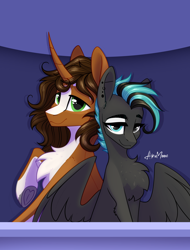 Size: 1668x2190 | Tagged: safe, artist:alrumoon_art, derpibooru import, oc, pegasus, unicorn, blue eyes, chest fluff, curved horn, ear piercing, green eyes, hoof heart, horn, looking at you, piercing, raised hoof, raised leg, simple background, smiling, spread wings, underhoof, wings