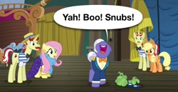 Size: 1280x659 | Tagged: safe, derpibooru import, screencap, applejack, flam, flim, fluttershy, gladmane, earth pony, pegasus, unicorn, viva las pegasus, brothers, bulgy, disguise, flim flam brothers, gloating, identical twins, siblings, speech bubble, thomas and friends, twin brothers, twins, wig