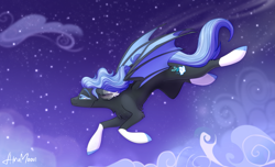 Size: 2743x1670 | Tagged: safe, artist:alrumoon_art, derpibooru import, oc, oc only, bat pony, abstract background, blue eyes, cloud, flying, stars, wings