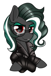 Size: 3800x5700 | Tagged: safe, artist:dacaoo, derpibooru import, oc, oc only, oc:messer, pony, clothes, eyeshadow, jacket, leather, leather jacket, looking at you, makeup, shading, simple background, solo, sunglasses, transparent background
