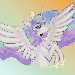 Size: 1024x1024 | Tagged: safe, artist:xkittyblue, derpibooru import, princess celestia, alicorn, pony, bust, gradient background, portrait, profile, solo, spread wings, wings