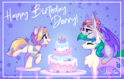 Size: 2608x1668 | Tagged: safe, artist:alrumoon_art, derpibooru import, oc, oc only, oc:alruna moonrise, bat pony, earth pony, unicorn, abstract background, birthday cake, cake, candle, eyes closed, food, heart, heart eyes, looking at each other, looking at someone, wingding eyes