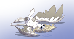 Size: 2914x1532 | Tagged: safe, artist:alrumoon_art, derpibooru import, oc, oc only, pegasus, pony, chest fluff, freckles, gradient background, heart, heart eyes, hoof heart, leonine tail, lying down, pegasus oc, solo, spread wings, tail, tongue, tongue out, underhoof, wingding eyes, wings