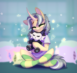 Size: 2911x2756 | Tagged: safe, artist:alrumoon_art, derpibooru import, oc, oc only, background, clothes, curved horn, eyebrows, eyes closed, heart, horn, pillow, plushie, shirt, smiling, socks, striped socks, t-shirt