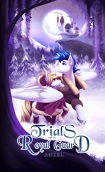 Size: 622x1024 | Tagged: safe, artist:magicarin, derpibooru import, oc, oc only, oc:crystal wishes, oc:silent knight, pegasus, unicorn, canterlot castle, fanfic, fanfic art, fanfic cover, moon, night, snow, tree, winter