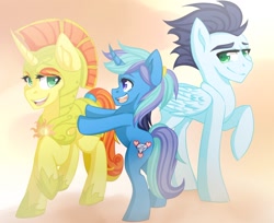 Size: 1024x835 | Tagged: safe, artist:potates-chan, derpibooru import, soarin', oc, pegasus, unicorn, fanfic art, female, guardsmare, mare, royal guard, simple background, smiling, trio