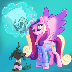 Size: 2048x2045 | Tagged: safe, artist:pfeffaroo, derpibooru import, princess cadance, queen chrysalis, alicorn, bugbear, nymph, pony, age regression, clothes, duo, eyes closed, eyeshadow, female, filly, filly queen chrysalis, foal, gradient background, levitation, looking at someone, looking down, magic, mare, pajamas, pillow, plushie, pouting, smiling, telekinesis, younger