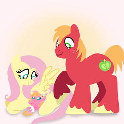 Size: 1400x1400 | Tagged: safe, artist:mlplary6, derpibooru import, big macintosh, fluttershy, oc, oc:melody blossom, earth pony, pegasus, pony, baby, baby pony, family, female, filly, flower, flower in hair, fluttermac, fluttermom, foal, husband and wife, looking at each other, looking at someone, lying down, male, mare, married couple, offspring, parent:big macintosh, parent:fluttershy, parents:fluttermac, shipping, smiling, smiling at each other, stallion, straight