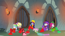 Size: 10000x5610 | Tagged: safe, artist:brightstar40k, derpibooru import, applejack, fluttershy, pinkie pie, rainbow dash, rarity, twilight sparkle, twilight sparkle (alicorn), alicorn, human, equestria girls, bondage, bound and gagged, clothes, dress, gag, humane five, humane six, long dress, long skirt, skirt, tied up, western