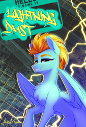 Size: 2259x3345 | Tagged: safe, artist:alrumoon_art, derpibooru import, lightning dust, pegasus, pony, collaboration, g4, abstract background, belly, chest fluff, collaboration:meet the best showpony, concave belly, ear fluff, ears, eyebrows, fangs, female, high res, leg fluff, lidded eyes, lightning, looking at you, mare, outline, raised hoof, raised leg, signature, solo, three quarter view, wings