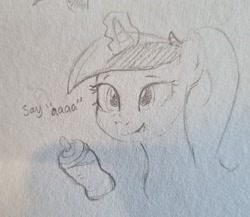 Size: 2048x1775 | Tagged: safe, artist:edrian, derpibooru import, princess cadance, pony, baby bottle, sketch, solo, traditional art