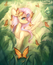 Size: 2320x2855 | Tagged: safe, artist:sirfiyanyamur, derpibooru import, fluttershy, butterfly, pegasus, pony, female, mare, plant, signature, solo