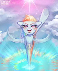 Size: 1160x1427 | Tagged: safe, artist:sirfiyanyamur, derpibooru import, rainbow dash, pegasus, pony, cloud, female, mare, open mouth, open smile, rainbow trail, raised hoof, raised leg, signature, sky, smiling, solo, sonic rainboom, sun