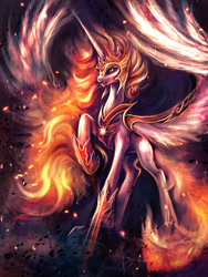 Size: 900x1200 | Tagged: safe, artist:kreativpony, derpibooru import, daybreaker, princess celestia, alicorn, pony, armor, evil, fangs, female, fire, helmet, hoof shoes, mare, raised hoof, raised leg, smiling, solo, wings