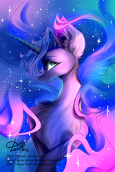 Size: 1000x1500 | Tagged: safe, artist:livitoza, derpibooru import, princess luna, alicorn, pony, chest fluff, ear fluff, ears, ethereal mane, female, galaxy mane, mare, signature, solo