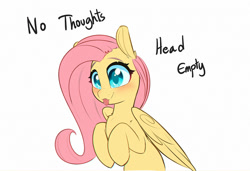 Size: 1000x685 | Tagged: safe, artist:inkypuso, derpibooru import, fluttershy, pegasus, pony, :p, blushing, bust, cute, female, mare, meme, no thoughts head empty, shyabetes, simple background, smiling, solo, text, tongue, tongue out, white background