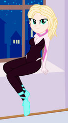 Size: 736x1322 | Tagged: safe, artist:robertsonskywa1, derpibooru import, human, equestria girls, ballet slippers, clothes, equestria girls-ified, eyebrows, female, gwen stacy, haircut, looking at you, marvel, night, photo, sitting, skintight clothes, smiling, smiling at you, solo, spider-gwen, spider-man, spider-man: across the spider-verse, stars, suit