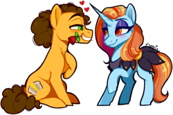 Size: 875x583 | Tagged: safe, artist:esmeia, derpibooru import, cheese sandwich, sassy saddles, earth pony, pony, unicorn, clothes, crack shipping, female, flower, flower in mouth, heart, male, mouth hold, rose, rose in mouth, sassysandwich, shipping, simple background, straight, transparent background