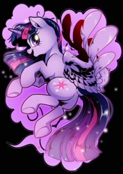 Size: 1414x2000 | Tagged: safe, artist:dormin-dim, derpibooru import, twilight sparkle, twilight sparkle (alicorn), alicorn, pony, black background, female, mare, simple background, solo, wings