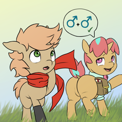 Size: 2048x2048 | Tagged: safe, artist:multiverseequine, derpibooru exclusive, derpibooru import, oc, oc only, oc:himmel, oc:melon pouf, earth pony, pony, unicorn, bag, butt, chubby, clothes, colored, colt, duo, earth pony oc, foal, gay, gloves, gradient background, grass, high res, horn, looking back, looking up, male, male symbol, multicolored hair, outdoors, plot, raised tail, saddle bag, scarf, short tail, smiling, speech bubble, tail, two toned mane, unicorn oc