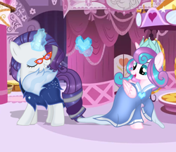 Size: 4816x4152 | Tagged: safe, artist:doraeartdreams-aspy, derpibooru import, princess flurry heart, rarity, alicorn, pony, unicorn, absurd resolution, base used, carousel boutique, crown, crystal heart, duo, duo female, eyes closed, female, glasses, jewelry, magic, mare, older, older flurry heart, older rarity, regalia