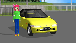 Size: 1366x768 | Tagged: safe, artist:ardoplasma41, derpibooru import, apple bloom, equestria girls, 3d, car, clothes, convertible, honda, honda beat, mmd, pants, shirt, shoes, sneakers, t-shirt