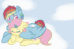 Size: 4134x2756 | Tagged: safe, artist:bluedslite, derpibooru import, fluttershy, rainbow dash, pegasus, pony, g4, chest fluff, cloud, colored eyebrows, duo, duo female, eyebrows, eyes closed, female, flutterdash, high res, hug, lesbian, lying down, mare, on a cloud, prone, shipping, sky, sleeping, smiling, wing blanket, winghug, wings