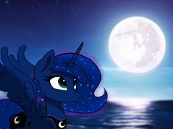 Size: 1214x906 | Tagged: safe, artist:truedepressed, derpibooru import, princess luna, alicorn, pony, looking up, mare in the moon, melancholy, moon, night, ocean, solo, water