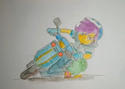 Size: 2258x1613 | Tagged: safe, artist:daisymane, derpibooru import, scootaloo, human, equestria girls, female, helmet, leaning, moped, solo, traditional art