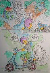 Size: 1429x2048 | Tagged: safe, artist:daisymane, derpibooru import, rainbow dash, scootaloo, human, equestria girls, comic, dialogue, duo, female, japanese, moped, motorcycle, nap, sleeping, speech bubble, traditional art, tree, tree branch