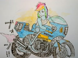 Size: 2048x1534 | Tagged: safe, artist:daisymane, derpibooru import, rainbow dash, human, equestria girls, female, japanese, katakana, motorcycle, onomatopoeia, solo, traditional art