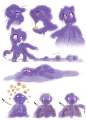 Size: 436x602 | Tagged: safe, artist:blazingstred, derpibooru import, oc, oc:jellene, goo, goo pony, original species, blocks, bubble, confused, eating, happy, laughing, looking at you, looking down, looking up, ooze, purple mane, sad, sketch, sketch dump, slime, sword, trail, weapon