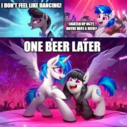 Size: 500x500 | Tagged: safe, ai content, derpibooru import, generator:pony diffusion v5, machine learning generated, dj pon-3, octavia melody, vinyl scratch, earth pony, pony, unicorn, alcohol, beer, bipedal, clothes, club, crowd, dance floor, dancing, floating wings, jacket, leather, leather jacket, party, quadrupedal, smiling, suit, wings