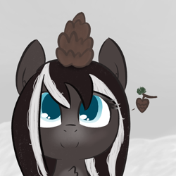 Size: 1020x1020 | Tagged: safe, artist:castafae, derpibooru import, oc, oc only, oc:pine ponder, pony, chest fluff, female, floating heart, heart, mare, on head, pinecone, smiling, snow, snowpony, snowpony (species), solo, taiga pony, yakutian horse