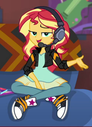 Size: 318x437 | Tagged: safe, derpibooru import, screencap, sunset shimmer, human, better together, equestria girls, game stream, clothes, cropped, dress, gamer sunset, headphones, jacket, leather, leather jacket, pants, sofa, solo, sunset's apartment, trainers