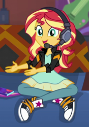 Size: 305x435 | Tagged: safe, derpibooru import, screencap, sunset shimmer, human, better together, equestria girls, game stream, clothes, cropped, cute, dress, gamer sunset, headphones, jacket, leather, leather jacket, pants, shimmerbetes, sofa, solo, sunset's apartment, trainers