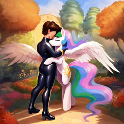 Size: 3072x3072 | Tagged: safe, ai content, derpibooru import, generator:purplesmart.ai, generator:stable diffusion, machine learning generated, princess celestia, alicorn, human, pony, ass, bipedal, butt, clothes, eyes closed, female, feral, garden, high heels, hug, hugging a pony, human and pony, human on pony snuggling, latex, latex suit, shoes, smiling, snuggling, spread wings, wings
