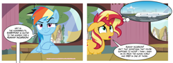 Size: 5034x1841 | Tagged: safe, derpibooru import, editor:wild stallions, rainbow dash, sunset shimmer, comic:the first incestuous foal of sunset shimmer, advertisement, airport, crossed hooves, ears, explicit description, explicit source, floppy ears, implied applejack, implied bow hothoof, implied death, implied fluttershy, implied pinkie pie, implied rainbow blaze, implied rarity, implied sex, implied soarin', implied thunderlane, implied windy whistles, patreon, patreon preview, plane, preview, restaurant, show accurate