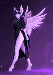 Size: 3426x4836 | Tagged: safe, artist:kutoshi, derpibooru import, twilight sparkle, twilight sparkle (alicorn), alicorn, anthro, unguligrade anthro, beautiful, black dress, clothes, dress, female, head turn, horn, jacket, looking at you, mare, open clothes, open jacket, side slit, side view, smiling, smiling at you, solo, total sideslit
