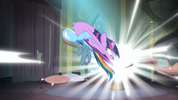 Size: 1280x720 | Tagged: safe, derpibooru import, screencap, rainbow dash, twilight sparkle, twilight sparkle (alicorn), alicorn, pony, power ponies (episode), cartoon physics, castle of the royal pony sisters