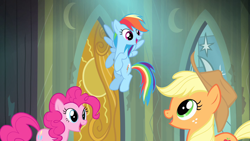 Size: 1280x720 | Tagged: safe, derpibooru import, screencap, applejack, pinkie pie, rainbow dash, pegasus, pony, power ponies (episode), castle of the royal pony sisters