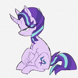 Size: 769x766 | Tagged: safe, artist:disaterror, derpibooru import, starlight glimmer, pony, unicorn, curved horn, frown, grumpy, horn, sitting, solo, unamused, underhoof