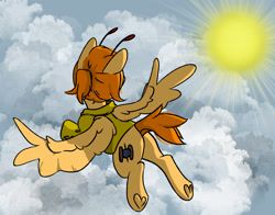 Size: 1897x1486 | Tagged: safe, artist:ju4111a, derpibooru import, oc, oc only, oc:svatya, pegasus, pony, butt, clothes, cutie mark, flying, head turn, pegasus oc, plot, raised hoof, raised leg, sky, spread wings, sun, wings