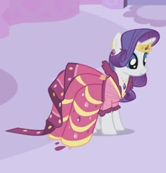 Size: 800x833 | Tagged: safe, derpibooru import, screencap, rarity, pony, unicorn, season 1, suited for success, alternate hairstyle, beautiful, carousel boutique, clothes, cropped, dress, elegant, female, gala dress, gown, happy, jewelry, mare, rarity's first gala dress, smiling, solo, tiara