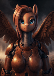 Size: 1472x2060 | Tagged: safe, ai content, artist:darbarri, derpibooru exclusive, derpibooru import, machine learning assisted, oc, anthro, cyborg, pegasus, pony, armor, bust, detailed, portrait