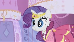 Size: 2160x1214 | Tagged: safe, derpibooru import, screencap, rarity, pony, unicorn, season 1, suited for success, alternate hairstyle, beautiful, carousel boutique, clothes, cute, door, dress, elegant, female, gala dress, gown, happy, jewelry, mare, raribetes, rarity's first gala dress, smiling, solo, tiara