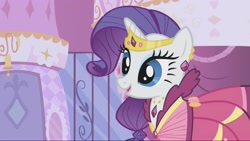 Size: 2157x1214 | Tagged: safe, derpibooru import, screencap, rarity, pony, unicorn, season 1, suited for success, alternate hairstyle, clothes, door, dress, female, gala dress, gown, happy, jewelry, mare, open mouth, rarity's first gala dress, smiling, solo, tiara