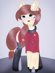 Size: 2985x3979 | Tagged: safe, artist:sodapop sprays, derpibooru import, oc, oc:naomi horsley, earth pony, pony, blushing, boots, chest fluff, clothes, combadge, distressed, ear fluff, ears, miniskirt, redshirt, shoes, simple background, skirt, solo, star trek, star trek (tos), stockings, thigh highs, uniform, whining