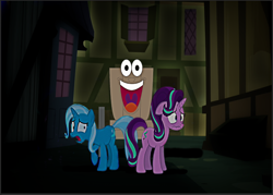 Size: 706x506 | Tagged: safe, artist:polorenzielephant, derpibooru import, edit, edited screencap, screencap, starlight glimmer, trixie, oc, oc:willie wagon, unicorn, creepy, female, male, mare, photoshop, vector, wagon